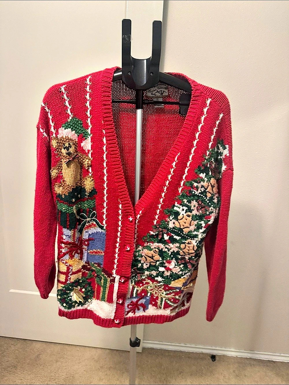 Heirloom Collectibles Christmas Teddy Bear Tree Cardigan Sweater Medium